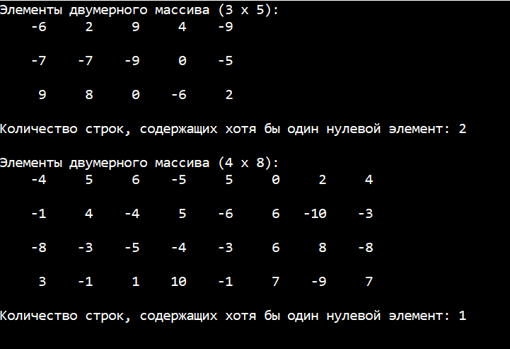 результаты работы программы