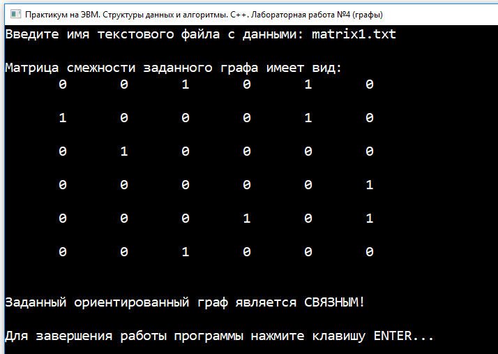 САФУ. Практикум на С++ (Латухина). Лабораторная работа №4 (графы). Тест №1. Граф состоит из 6 вершин и является связным