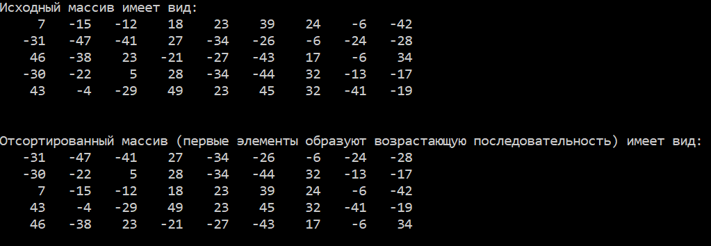 результаты работы программы